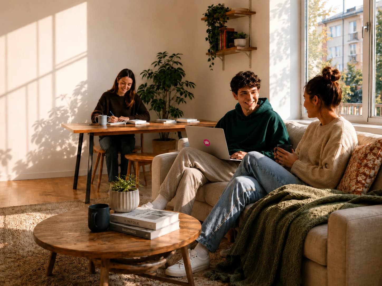 Students in a bright living space