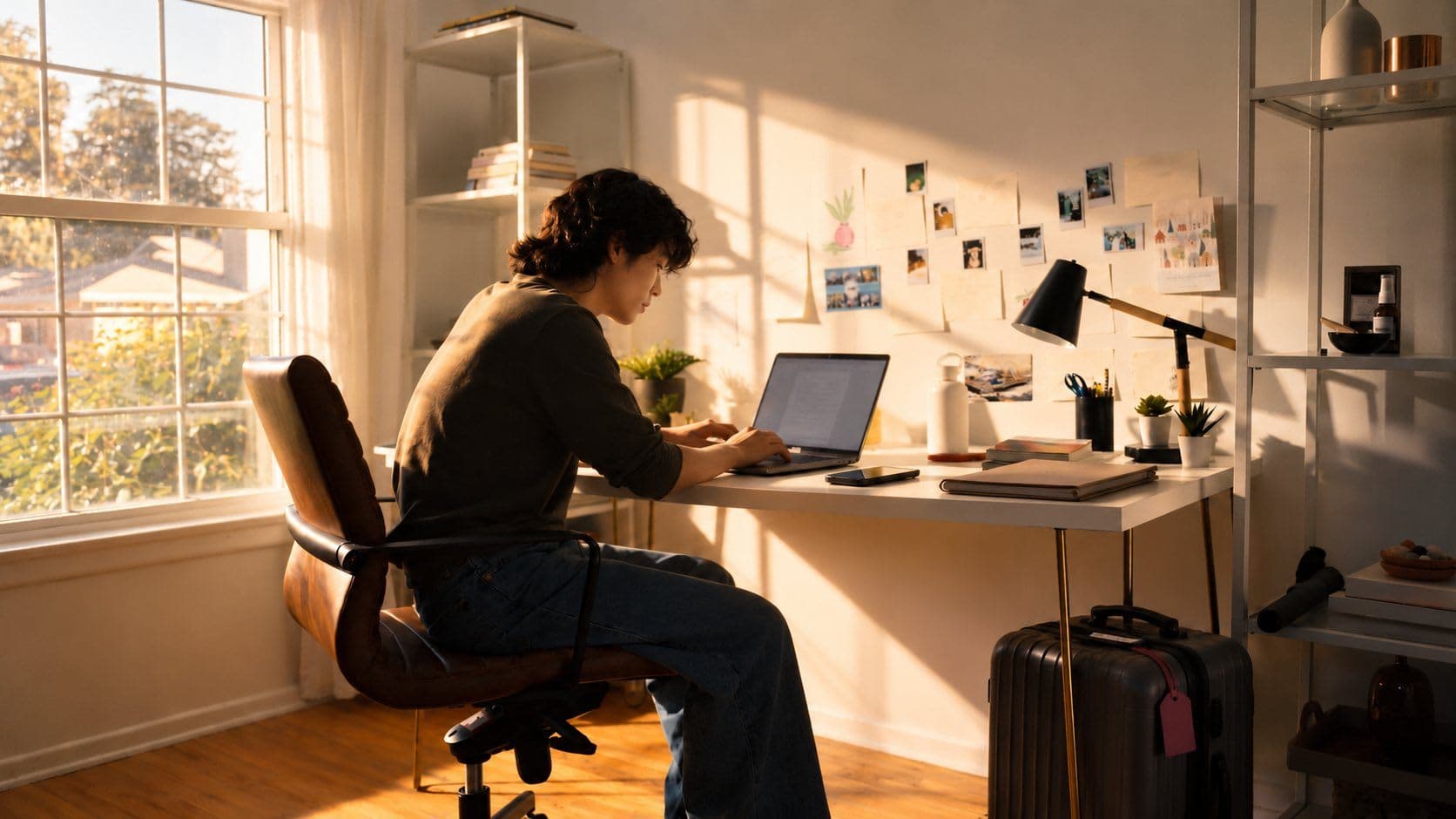 An international student working on a laptop at a desk beside a packed suitcase, preparing to leave for an Erasmus+ exchange.