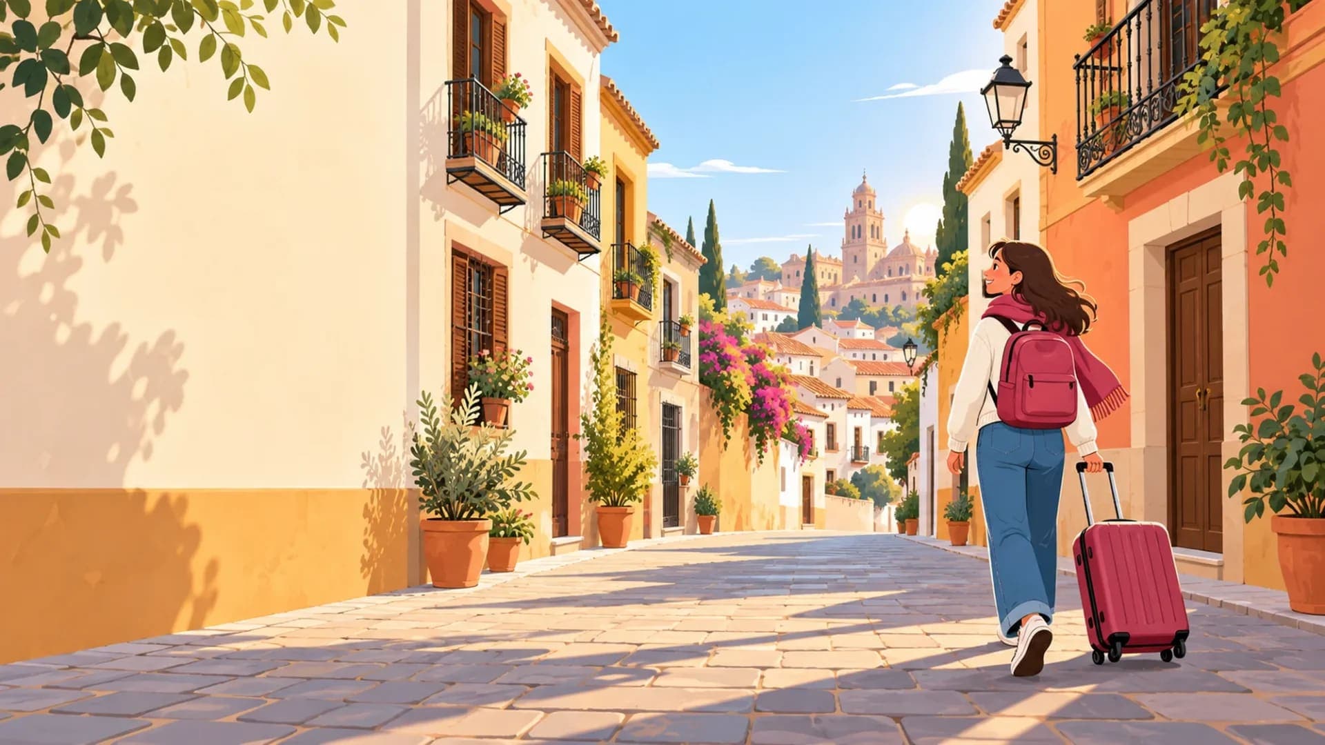 An illustrated student with a suitcase and backpack walking along a sunlit street in a Spanish town in winter